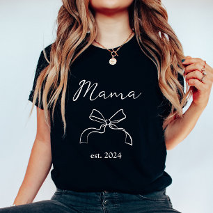 Mama   Coquette White Bow and Script on Black T-Shirt
