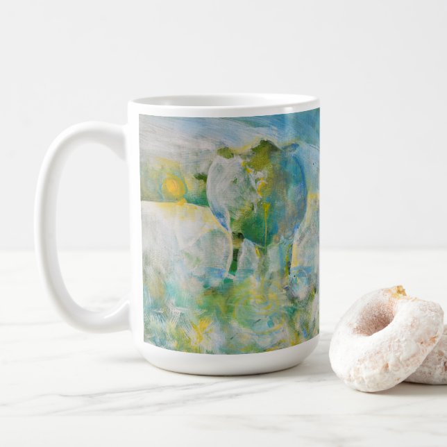 Mama Cow Country Farm Art Blue Green Large Kaffeetasse (Mit Donut)