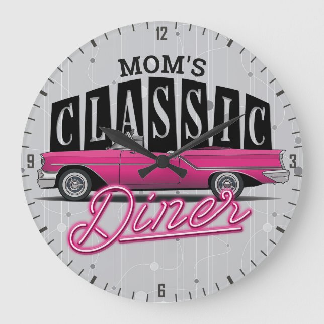 Mama Diner Individuelle Name Imitate Neon 50's Cla Große Wanduhr (Vorderseite)
