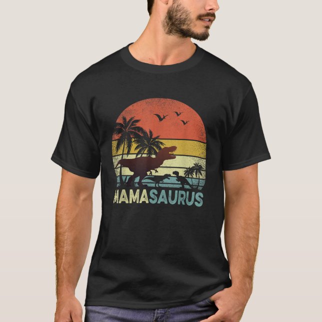 Mama Dinosaur Mamasaurus 2 Zwei Kinder T-Shirt (Vorderseite)