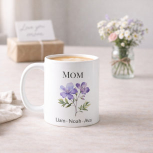 Mama Februar-Geburtsblume mit Namen der Kinder Kaffeetasse