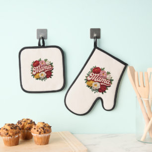 Mama Floral Küchen-Set – Topflappen und Untersetze Ofenhandschuh & Topflappen-Set