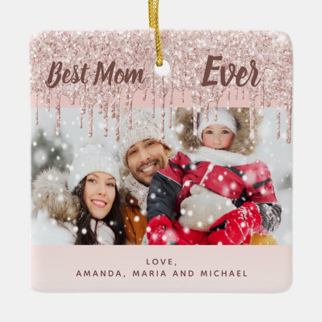 Mama Foto Rose Goldblume Glitzer Keramikornament (Vorderseite)