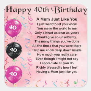 Mama-Gedicht - 40. Geburtstag Quadratischer Aufkleber