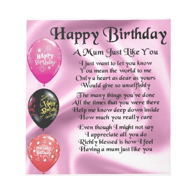 Mama Gedicht - Happy Birthday Notizblock (Vorderseite)