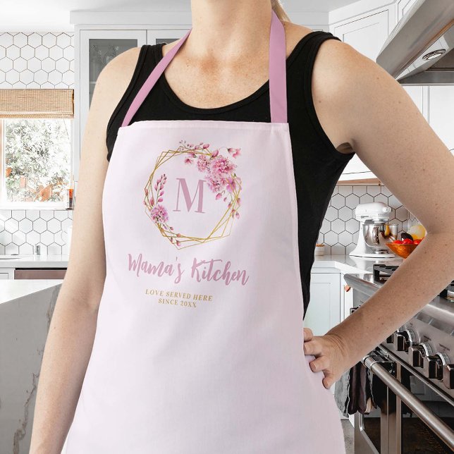 Mama Geschenk Dusty Pink Wildblumen Monogram Flora Schürze (pink mom apron personalized christmas gift gold geometric floral frame monogram pretty cute chic)