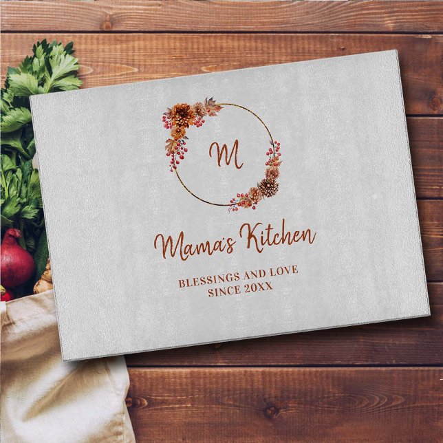 Mama Geschenk Erntedank Harvest Gold Wreath Monogr Schneidebrett (thanksgiving decor mom gift personalized glass cutting board mum gold wreath blessings love harvest)