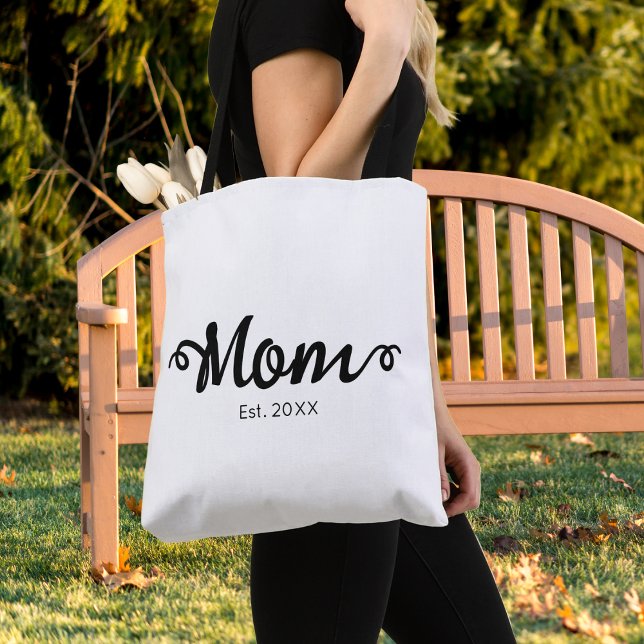 Mama: Geschenke für Junge Mütter Tasche (Mom Established New Mom Gift Tote Bag in White with Black Script Text, Established Est Date.)