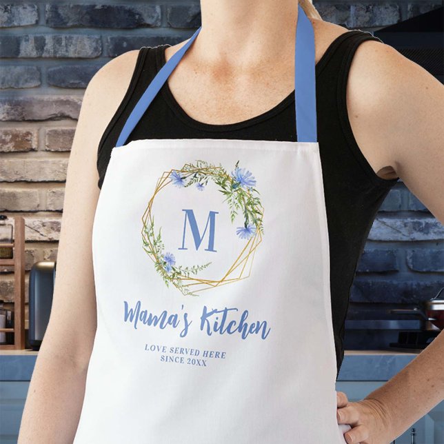 Mama Gift Blue Cornflowers Gold Geometric Monogram Schürze (mom apron personalized christmas gift monogram blue cornflowers gold geometric flowers frame pretty)