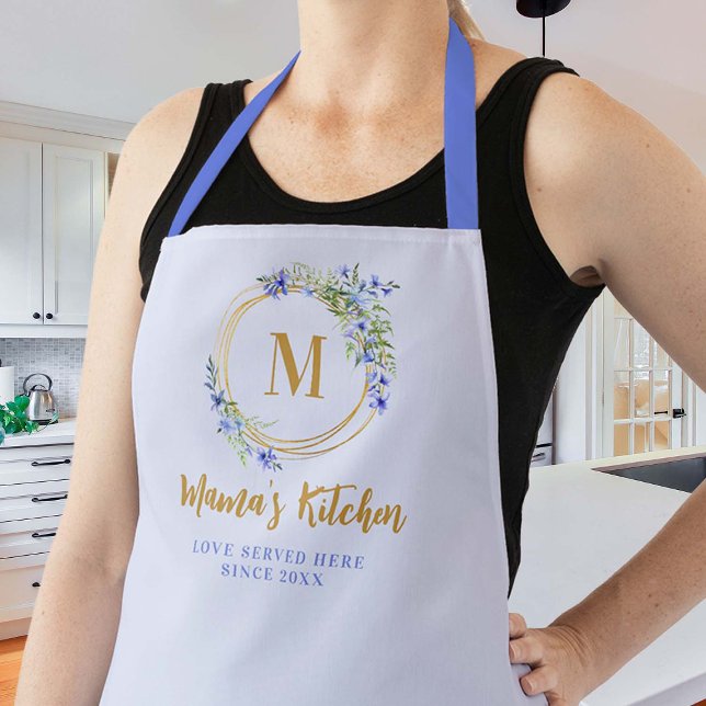 Mama Gift Blue Meadow Wildblume Chic Gold Monogram Schürze (mom apron christmas gift blue wildflowers wreath monogram gold geometric elegant pretty cute chic)