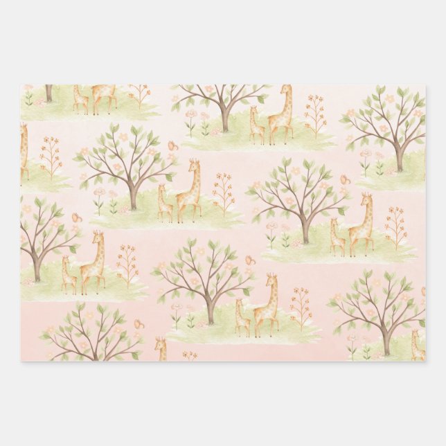 Mama Giraffe mit Baby & Friends Blush Pink Geschenkpapier Set (Vorderseite)