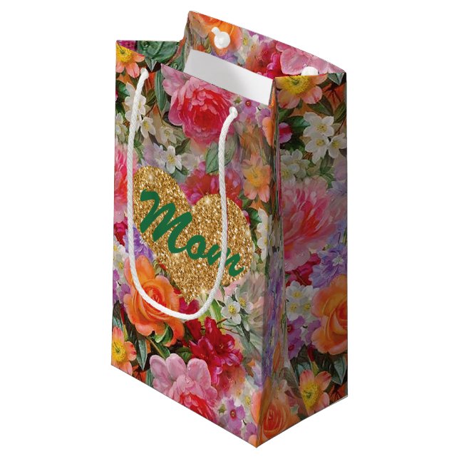 Mama Gold FauxGlitter Herzenfarben Frühlingsblumen Kleine Geschenktüte (Vorderseite Schrägansicht)