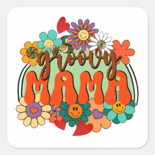 Mama Groovy Floral, Blume Retro Mutterschaft Quadratischer Aufkleber