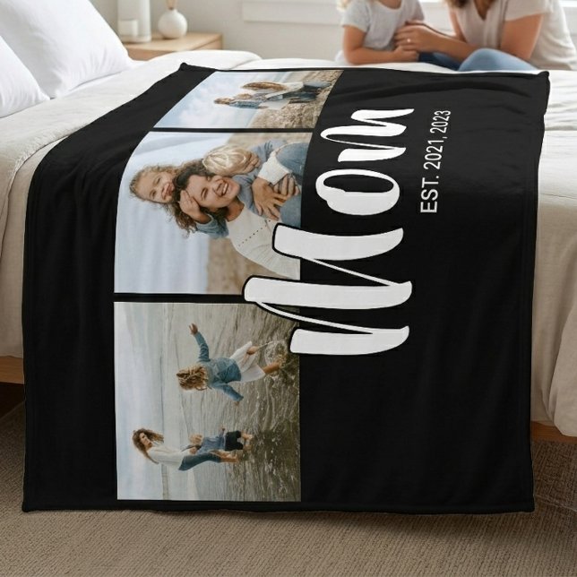 Mama hat elegantes Skript Schwarz 3 Foto Fleecedecke (Mom Established Elegant Script Black 3 Photo Fleece Blanket)