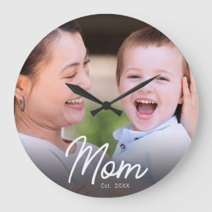 Mama hat Foto Schwarz Schrift Minimal Elegant Große Wanduhr