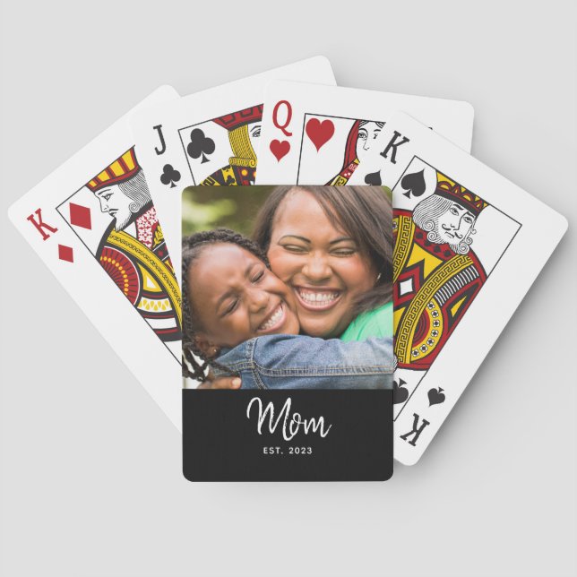 Mama hat modernes schwarzes Skriptfoto eingerichte Spielkarten (Rückseite)