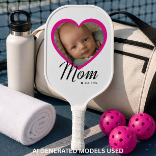 Mama hat Skript Pink Heart Foto Weiß erstellt Pickleball Schläger