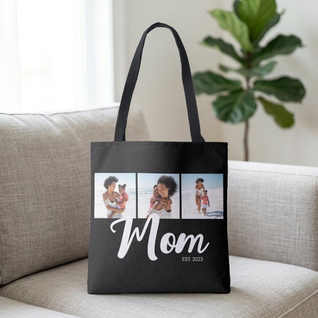 Mama hat Skript Schwarz 3 Foto Tasche (Mom Established Script Black 3 Photo Tote Bag)