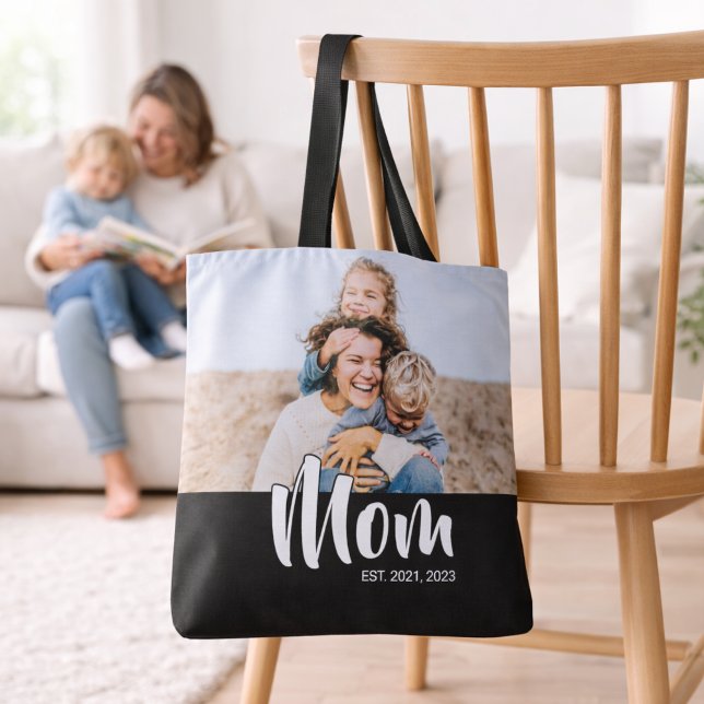 Mama hat Skript Schwarz Foto Tasche (Mom Established Script Black Photo Tote Bag)