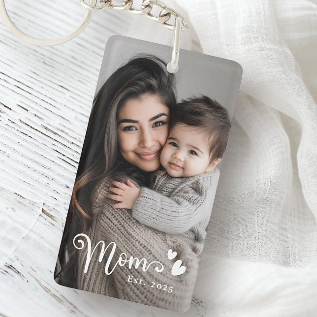 Mama-Herz-Overlay-Foto Schlüsselanhänger (Mom est year hearts overlay photo keychain)