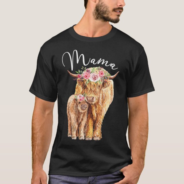 Mama Highland Kuh mit Baby Calf Floral Mütter Da T-Shirt (Vorderseite)