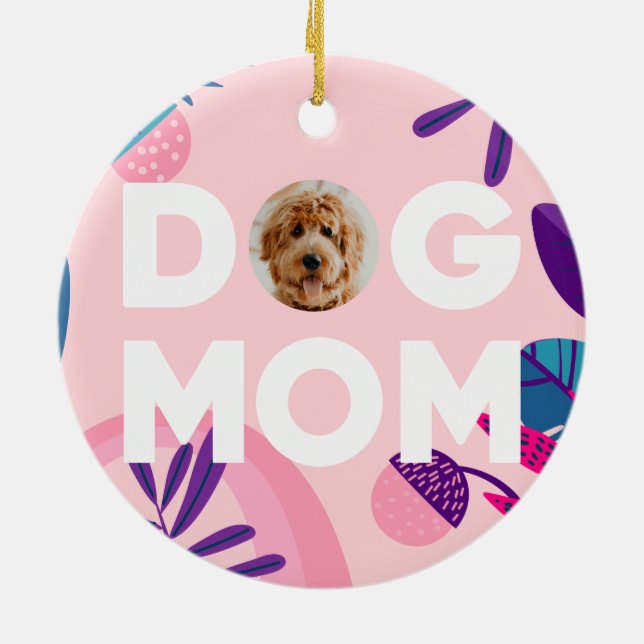 MAMA, Ihr Pup-Foto, Rosa Blume & Blätter Keramik Ornament (Hinten)