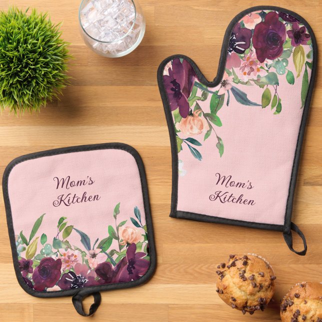 Mama Kitchen Burgundy Pink Floral Ofenhandschuh & Topflappen-Set (Mom's Kitchen Burgundy & Blush Pink Floral Oven Mitt Set)