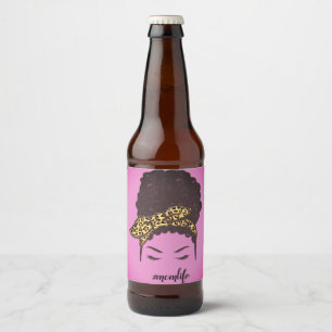 Mama Life, Black Afro Messy Bun, Afro American Bierflaschenetikett