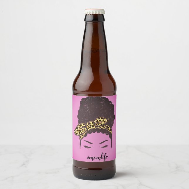 Mama Life, Black Afro Messy Bun, Afro American Bierflaschenetikett (Vorderseite)