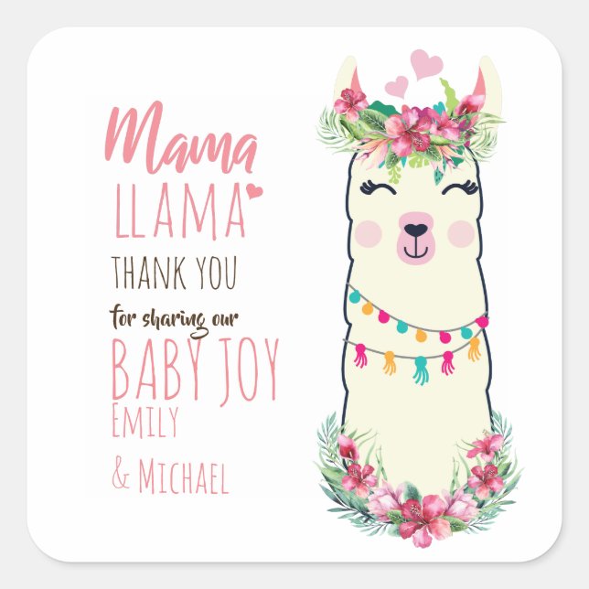 Mama Llama Fiesta Baby Girl Duschgeschirr Quadratischer Aufkleber (Vorderseite)