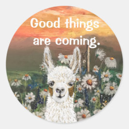 Mama Llama mit schönem Daisy Field Hintergrund Runder Aufkleber