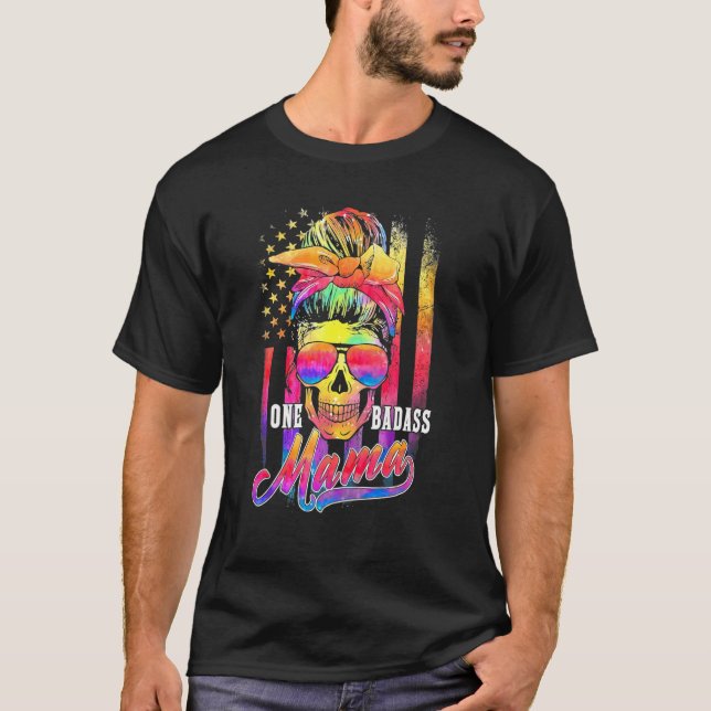 Mama Messy Bun Hippie America Flag Mutter Amerika T-Shirt (Vorderseite)