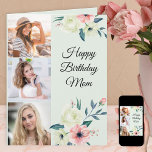 Mama Minze und Rosa Weibchen 3 Foto Geburtstag Karte<br><div class="desc">Say Happy Birthday Mama mit einer femininen Blumengeburtkarte, personalisiert mit 3 Ihrer Lieblings-Fotos und einer individuellen Nachricht. Diese hübsche Fotokarte hat eine Aquarellfarben-Blume in Rosa und Elfenbeinweiß auf einem blassgrünen Hintergrund mit eleganter Schriftzypografie. Die Vorlage ist Set für Sie, um Ihre Bilder, die in quadratisch / instagram-Format in einer einfachen...</div>
