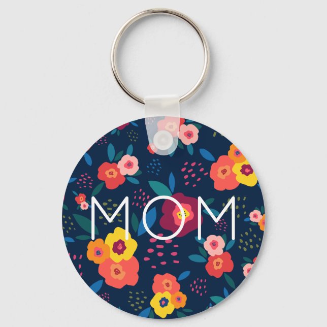 Mama Moderne Blüten in Blau und Korallen Schlüsselanhänger (Vorderseite)