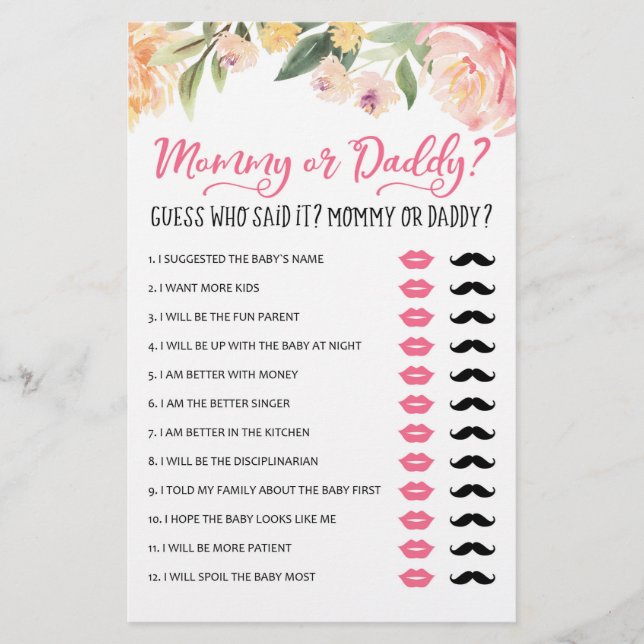 Mama oder Daddy Game Baby Shower Party (Vorderseite)