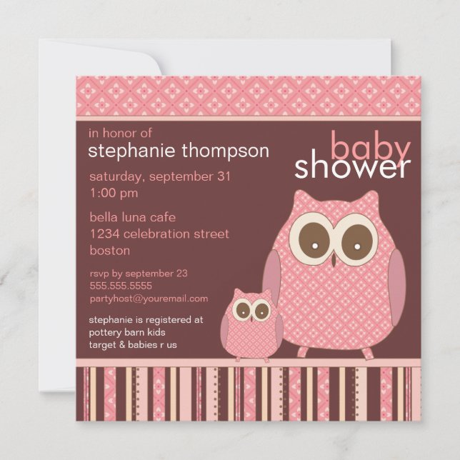 Mama Owl & Baby Owl PInk Babydusche Einladung (Vorderseite)