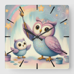 Mama Owl & Baby Quadratische Wanduhr