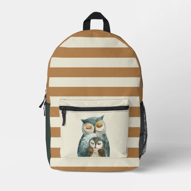 Mama Owl & Owlet Brown Stripmuster Bedruckter Rucksack (Vorderseite)