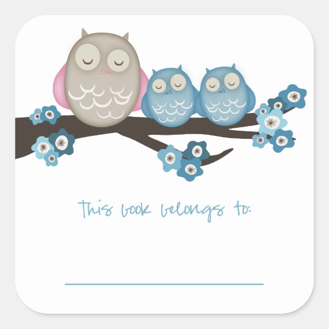 Mama Owl & Twins {Blau} | BUCHZEICHEN Quadratischer Aufkleber (Vorderseite)