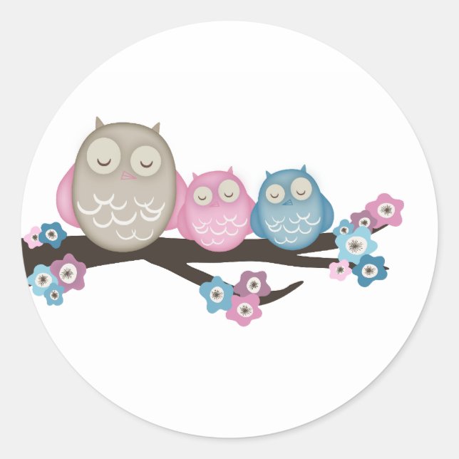Mama Owl & Twins {Rose & Blue} | Stickers (Devant)