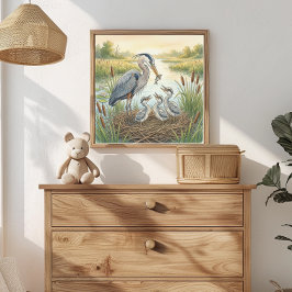 Mama Reiher und Küken Kinderkrippe Poster
