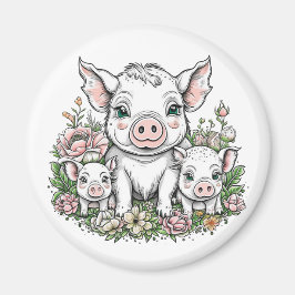 Mama Schweine und Baby Ferkel in Blume Magnet