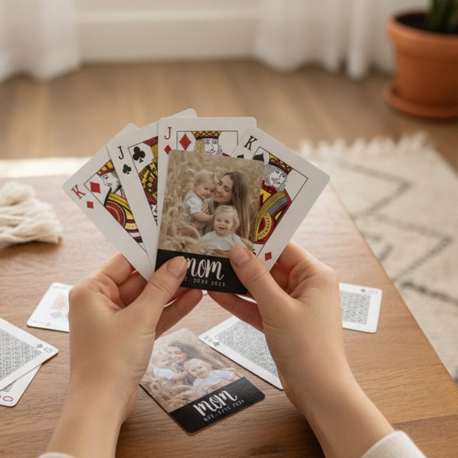 Mama: Skript-schwarzes Foto eingerichtet Spielkarten (modern black and white mom established date custom photo playing cards mothers day stocking stuffers)
