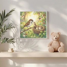 Mama Sparrow und Küken Kinderkrippe Poster