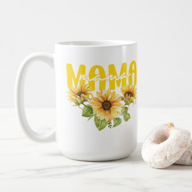 Mama Sunflower Sunshine - fröhliches Blumendesign Kaffeetasse (Mit Donut)