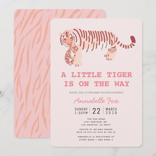 Mama Tiger Carry Cub Pink Kinderdusche Einladung (Vorne/Hinten)