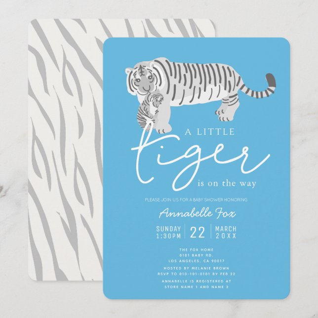 Mama Tiger & Cub Blue Baby Dusche Einladung (Vorne/Hinten)
