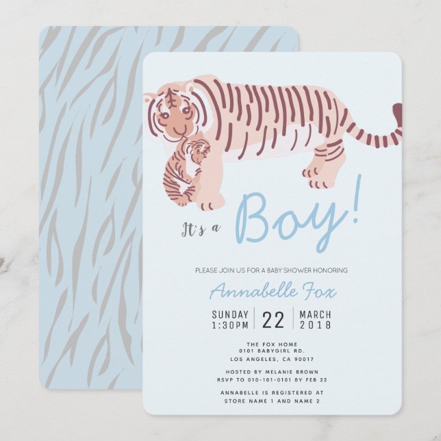 Mama Tiger & Cub Blue Boy Kinderdusche Einladung (Vorne/Hinten)