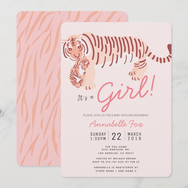 Mama Tiger & Cub Pink Girl Kinderdusche Einladung (Vorne/Hinten)
