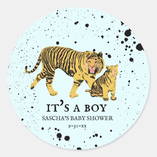 Mama Tiger Paint Spritzer Blue Boy Baby Dusche Runder Aufkleber (Vorderseite)